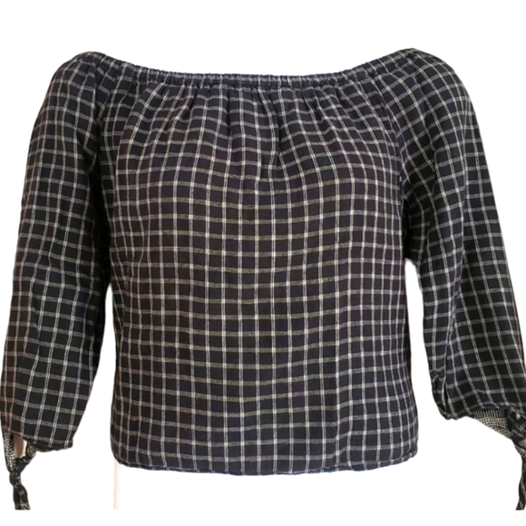 Madewell Tops - NWOT Madewell black checked off the shoulder flannel crop top Womens Lar…